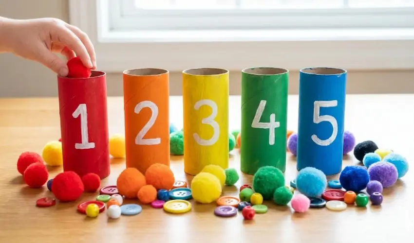 A preschool learning activity featuring colorful toilet paper rolls numbered 1 to 5, where a child sorts matching pom-poms and buttons into the tubes.