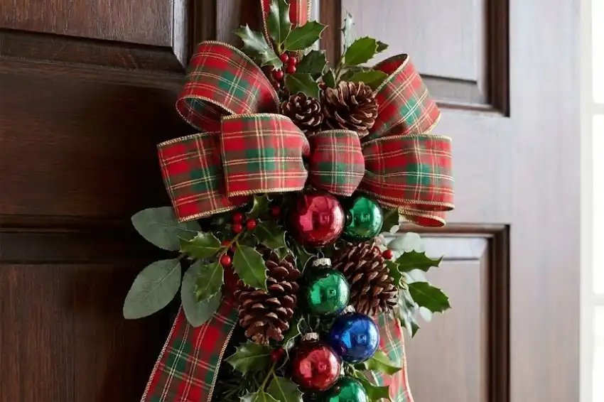 An oversized red and green plaid ribbon bow clustered with pine cones, holly berries, and shiny vintage ornaments hanging on a dark wood door.