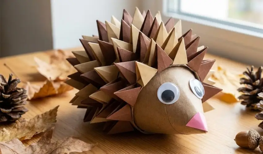 A cute DIY hedgehog made from an upcycled toilet paper roll, featuring spiky folded paper quills and googly eyes, displayed with pinecones and autumn leaves.