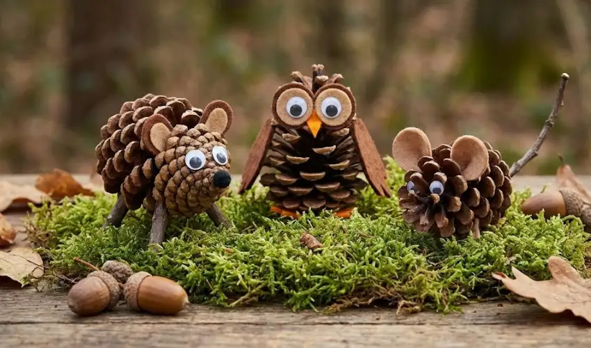 Handmade pinecone animal buddies, including a hedgehog, owl, and mouse, crafted with acorns, felt, and googly eyes, sitting on a bed of moss.