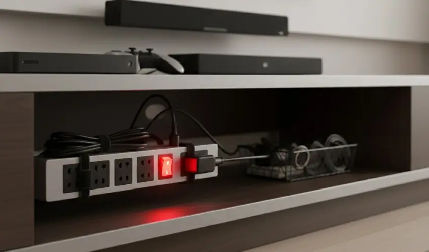 A power strip with a glowing red switch organized under an entertainment center, connecting multiple devices like game consoles for an easy group shutoff.
