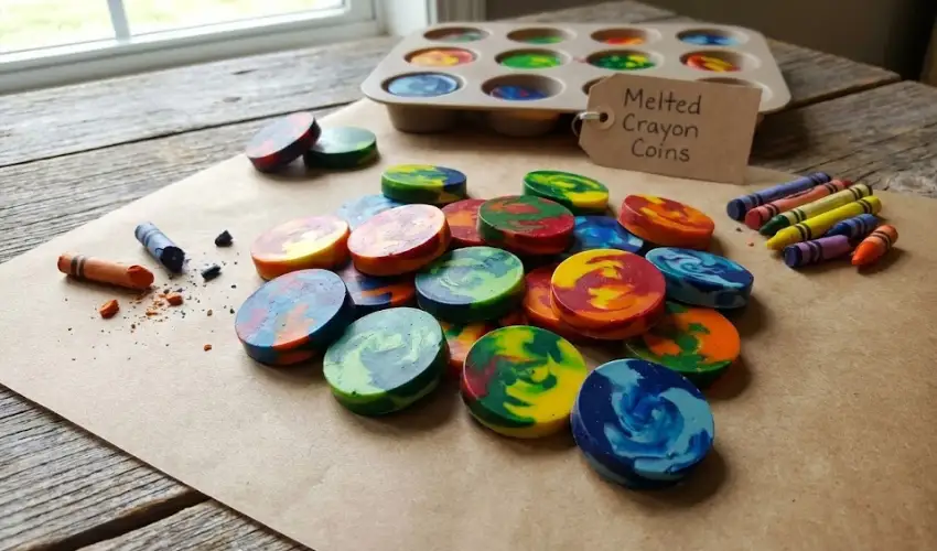 A collection of colorful, swirled recycled crayon coins made from melted broken crayons, displayed with a silicone mold and a tag reading "Melted Crayon Coins."