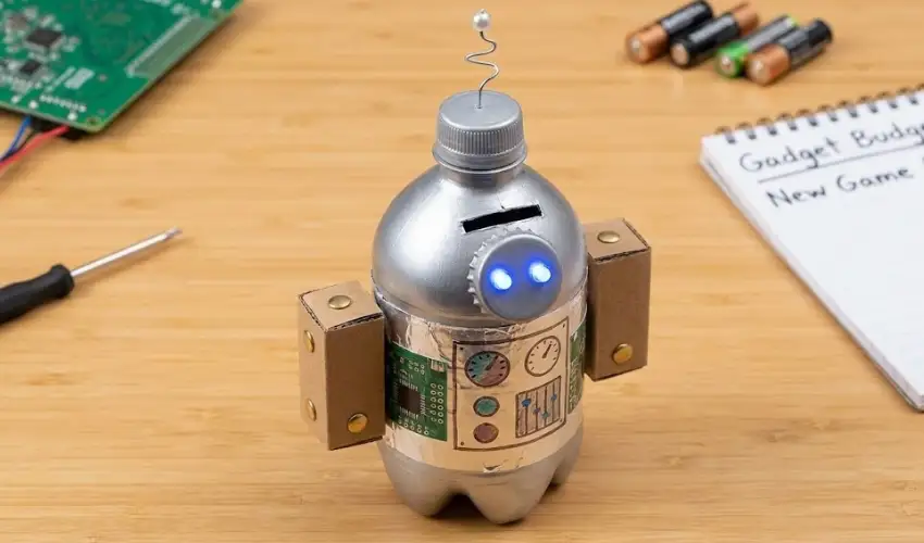 A cool DIY robot piggy bank made from a silver-painted plastic bottle, featuring glowing LED eyes and cardboard arms, sitting on a desk with batteries and a screwdriver.