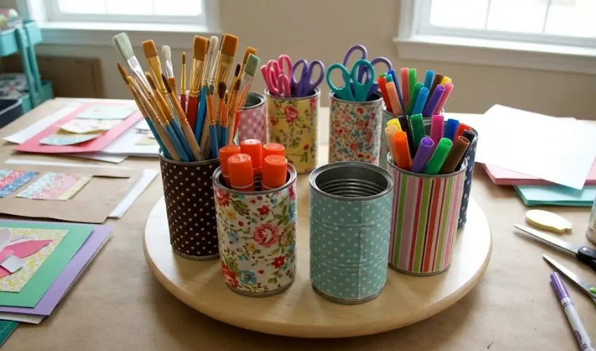 A rotating craft supply organizer made from colorful, patterned tin cans arranged on a wooden lazy Susan, filled with paintbrushes, markers, and scissors.