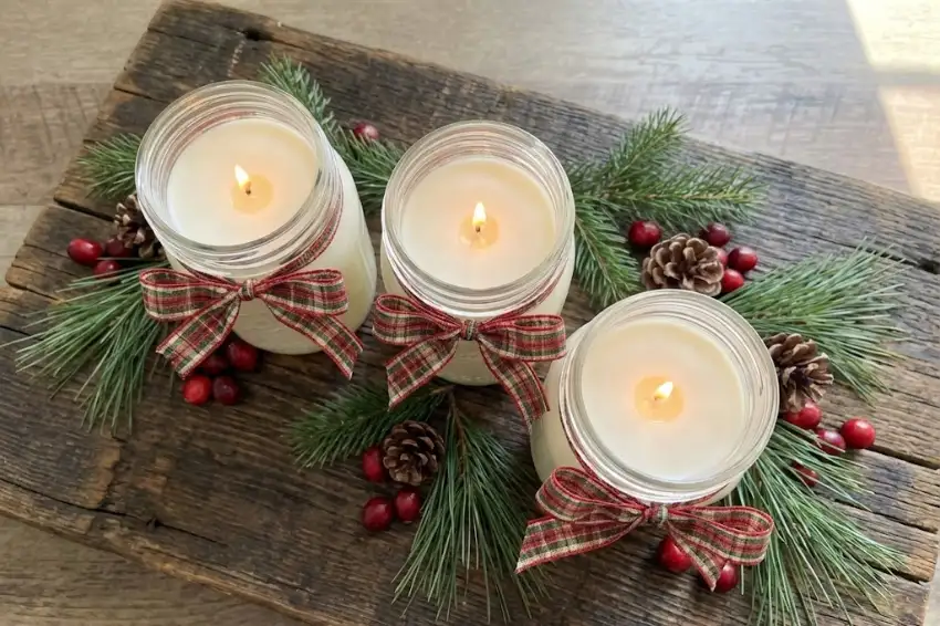 Three handmade rustic mason jar candles decorated with plaid bows and surrounded by pine greenery and cranberries on a wooden board.