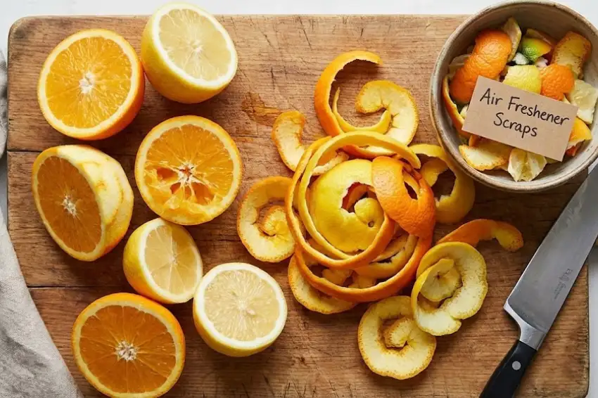 Fresh orange slices and peels on a wooden cutting board, being prepared and saved to make a DIY natural air freshener from pantry scraps.