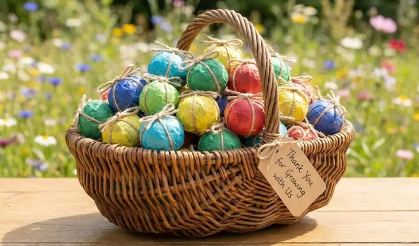 A woven basket filled with colorful, twine-wrapped DIY seed ball party poppers, with a tag reading "Thank You for Growing with Us," set against a sunny garden background.