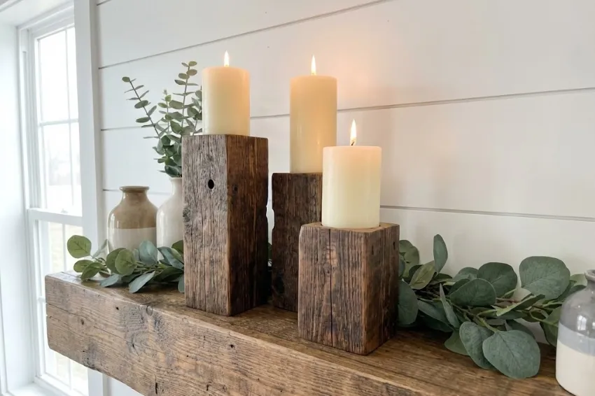 A set of three rustic wood block candle holders of varying heights, made from scrap wood beams, styled on a mantel with greenery and pillar candles.