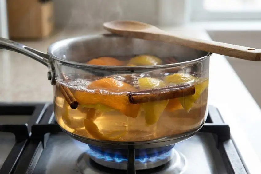 A stainless steel pot simmering on the stove, filled with water, citrus peels, and cinnamon sticks, with steam rising to release a natural scent.