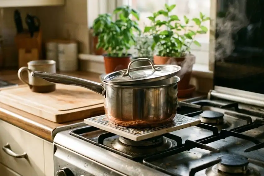 A stainless steel pot with the lid slightly ajar simmering on a stove, releasing steam to naturally scent the room with air freshener.