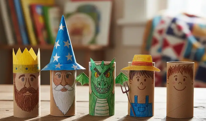 A set of five DIY toilet paper roll characters—a king, wizard, dragon, farmer, and boy—lined up on a table for a storytelling activity.