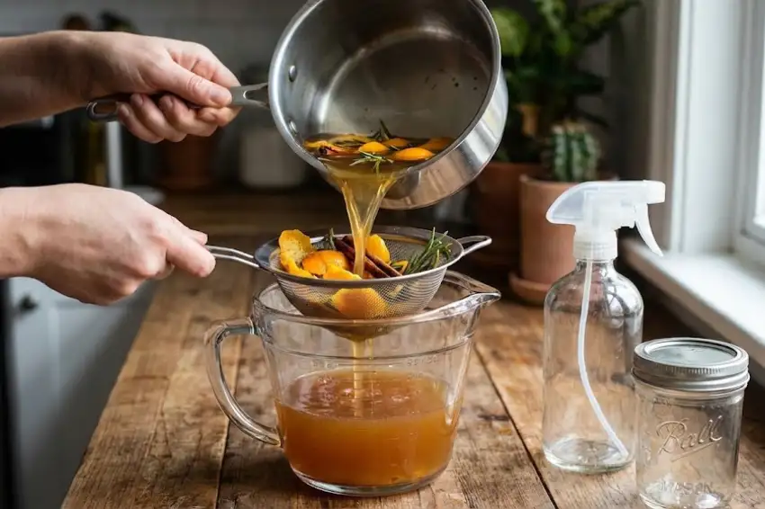 Straining homemade citrus and herb air freshener liquid through a mesh sieve into a measuring cup to fill a glass spray bottle.