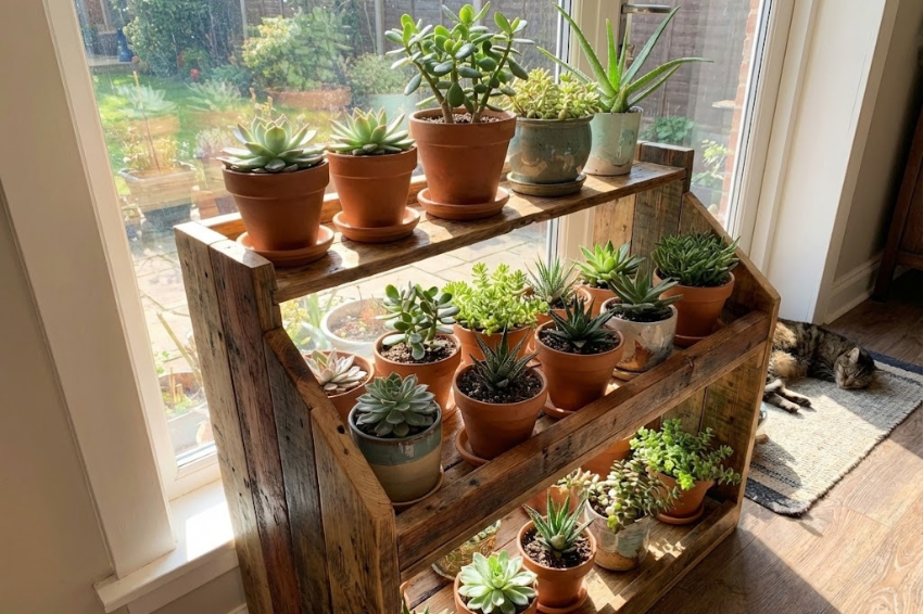A rustic three-tier plant stand made from scrap wood, placed near a sunny window and filled with various potted succulents.