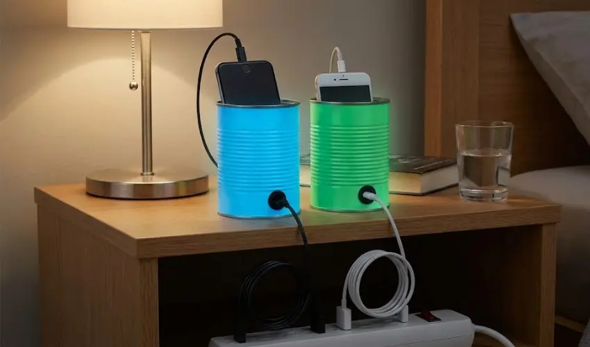 A DIY charging station made from blue and green painted tin cans with grommet holes for cords, holding smartphones on a wooden nightstand.