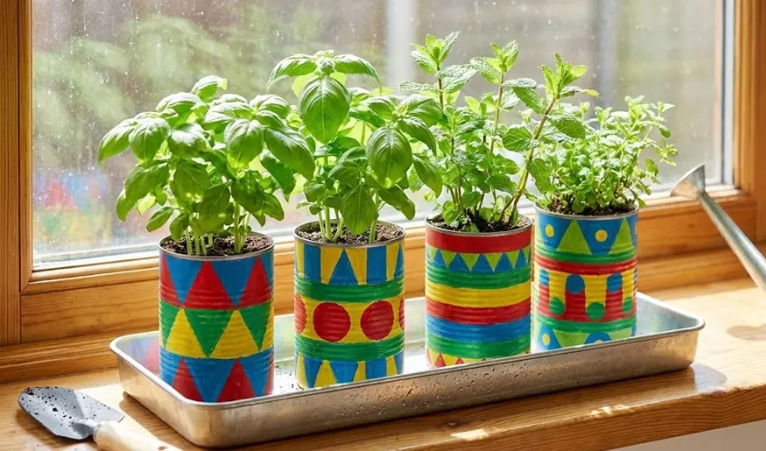 Four colorful, hand-painted tin can planters filled with fresh basil and mint, sitting on a metal drainage tray on a sunny windowsill.