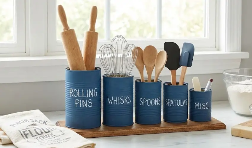 A set of blue-painted tin cans labeled for kitchen tools like rolling pins, whisks, and spatulas, arranged on a wooden board as a DIY counter organizer.