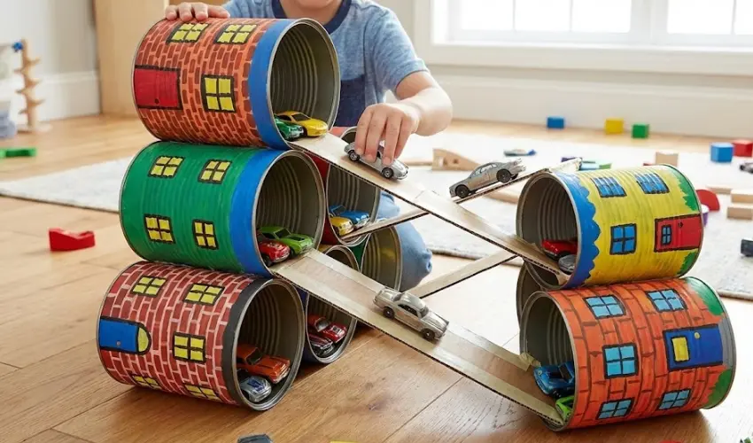 A creative DIY toy car garage made from stacked large tin cans painted like brick buildings, featuring cardboard ramps for a child to park their toy cars.