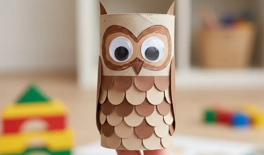 A cute DIY wise owl puppet made from an upcycled toilet paper roll, decorated with layered brown paper feathers and large googly eyes.