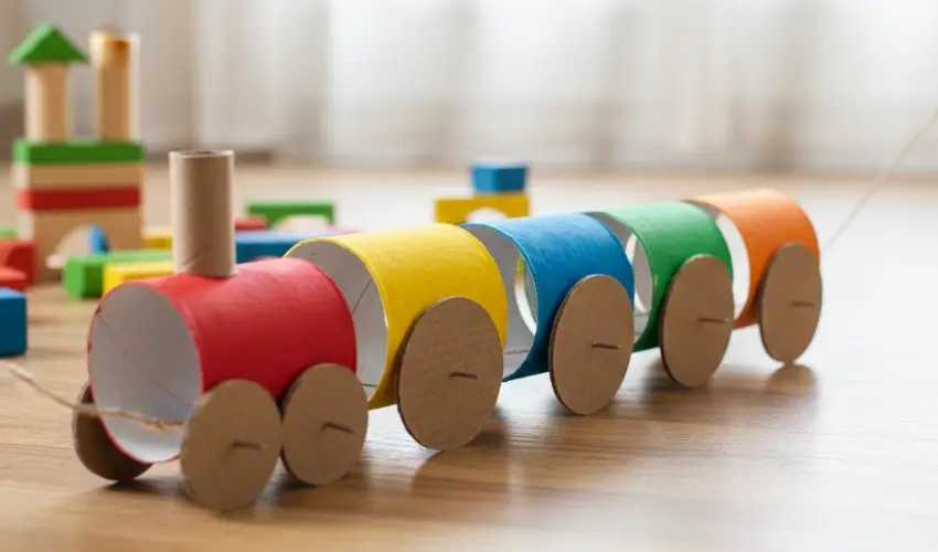 A colorful handmade choo-choo train toy made from linked toilet paper rolls painted red, yellow, blue, and green, featuring cardboard wheels and a pull string.