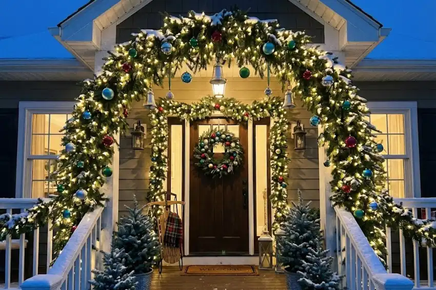 A stunning maximalist Christmas door scene at twilight, featuring a lush evergreen archway filled with warm lights, colorful vintage ornaments, and silver bells.