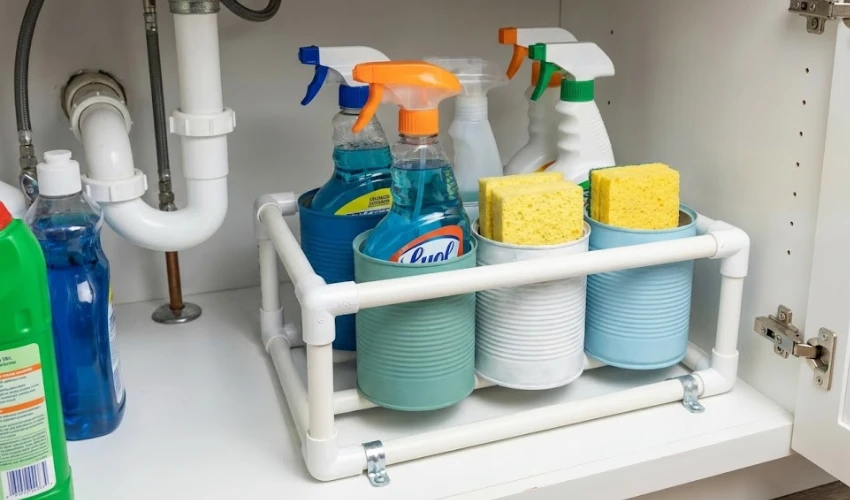 A DIY under-sink organizer made from a white PVC pipe frame holding painted tin cans filled with cleaning spray bottles and sponges.