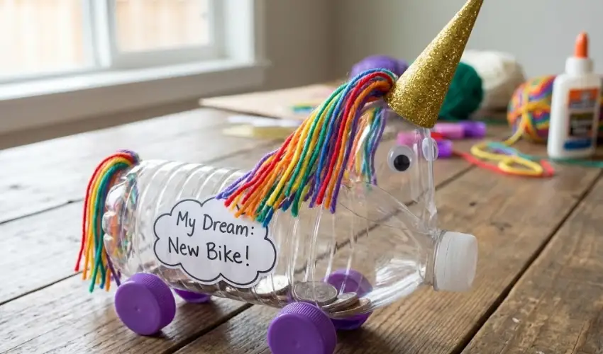 A magical DIY unicorn piggy bank made from a recycled plastic bottle, featuring a gold glitter horn, rainbow yarn mane, purple bottle cap legs, and a label reading "My Dream: New Bike!".
