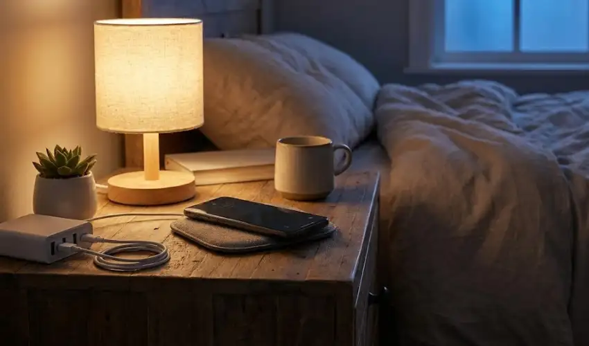 A cozy nightstand scene featuring a lamp and phone charger, illustrating the energy-saving habit of unplugging electronics before sleep.