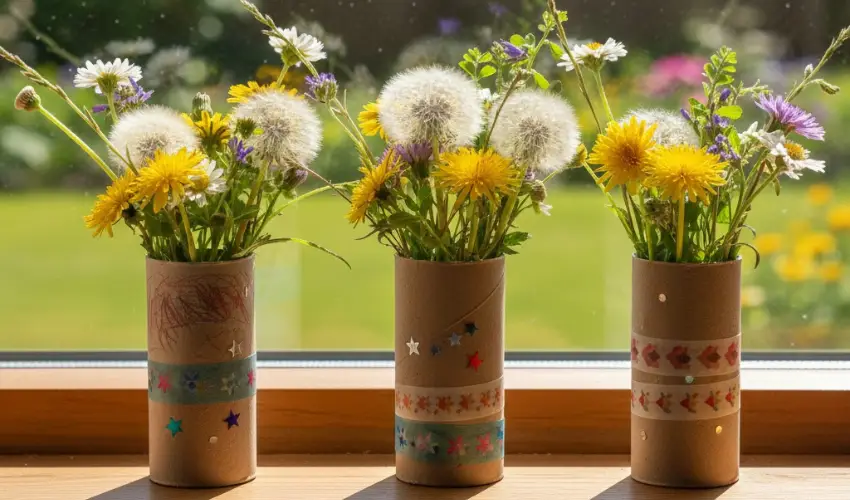 Three upcycled toilet paper roll flower vases decorated with colorful washi tape and stickers, sitting on a sunny windowsill filled with fresh dandelions and wildflowers.