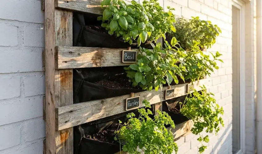 A DIY vertical pallet herb wall planter mounted on a white brick balcony wall, filled with fresh basil, parsley, and mint in fabric pockets with chalkboard labels.