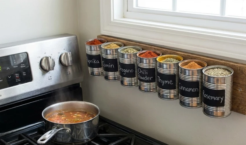 A space-saving DIY vertical spice rack made from recycled tin cans with chalkboard labels, mounted on a wooden board above a stove in a small kitchen.
