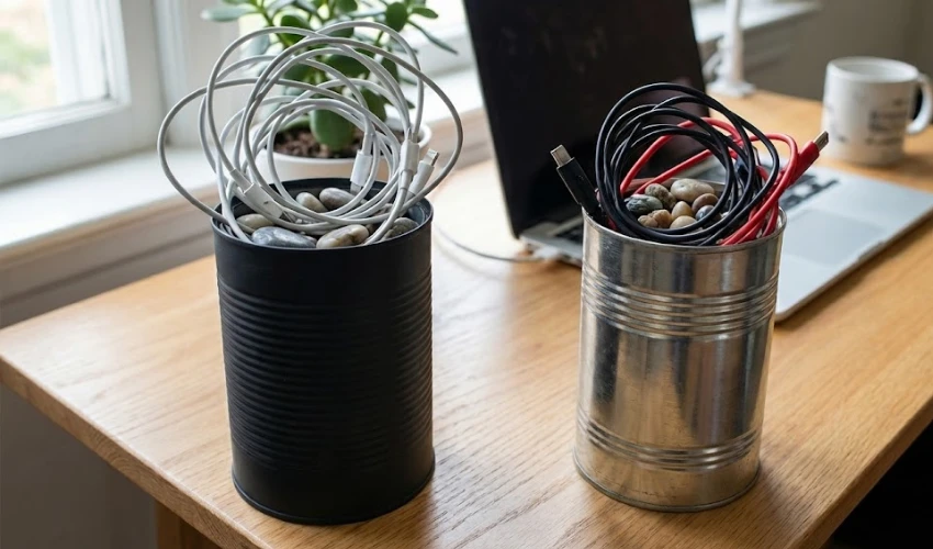 A black and a silver tin can filled with smooth stones to act as weighted cable organizers for charging cords on a wooden desk.