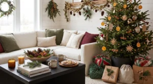 A cozy living room decorated for a zero-waste holiday, featuring a Christmas tree with natural dried orange ornaments and gifts wrapped in reusable fabric and recycled kraft paper.