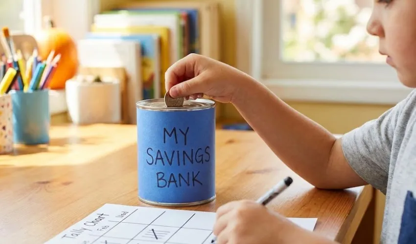 A child engaging in a money math activity by dropping a coin into a DIY blue tin can bank labeled "MY SAVINGS BANK," sitting next to a tally chart.