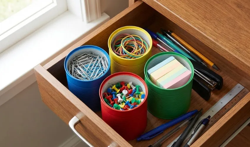 An open wooden desk drawer featuring colorful painted tin cans used as dividers to organize paper clips, rubber bands, push pins, and sticky notes.