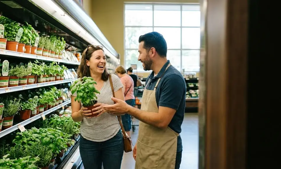 A smiling customer holding a potted basil plant and talking to a grocery store produce manager in the herb aisle, asking about rescuing discarded plants.