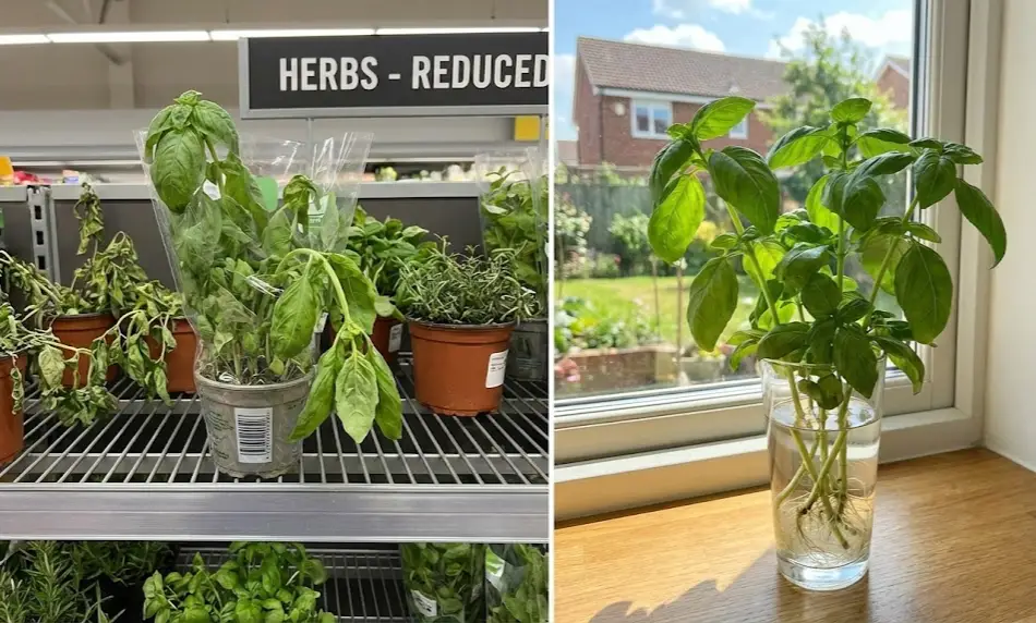 A split image comparing wilted basil plants on a grocery store clearance shelf labeled "Herbs - Reduced" with a healthy, revived basil cutting rooting in a glass of water on a windowsill.