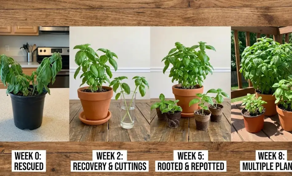 A 4-step timeline showing the progression of rescued grocery store basil: Week 0 shows a wilted plant, Week 2 shows cuttings in water, Week 5 shows potted seedlings, and Week 8 shows a lush collection of multiple large plants.