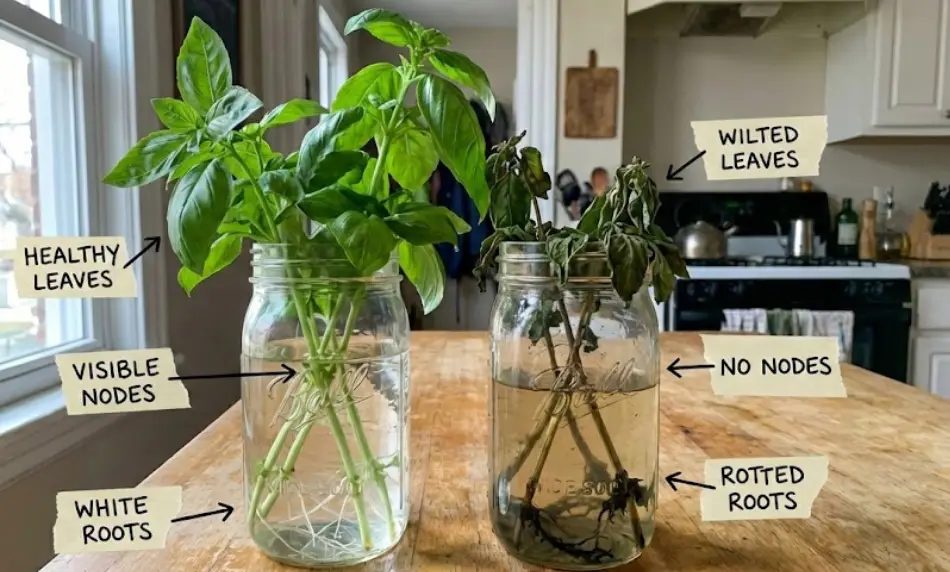 A side-by-side comparison of healthy vs. unhealthy basil cuttings in mason jars. Labels identify "Healthy Leaves," "Visible Nodes," and "White Roots" on the viable stems, contrasted with "Wilted Leaves," "No Nodes," and "Rotted Roots" on the non-viable ones.