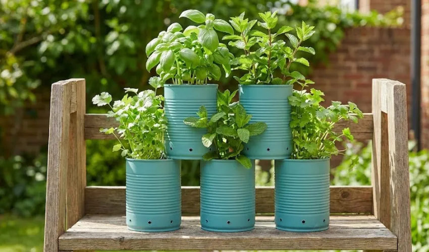 A vertical herb garden made from teal-painted recycled tin cans stacked in a pyramid shape on a wooden shelf, filled with fresh basil, mint, and cilantro.