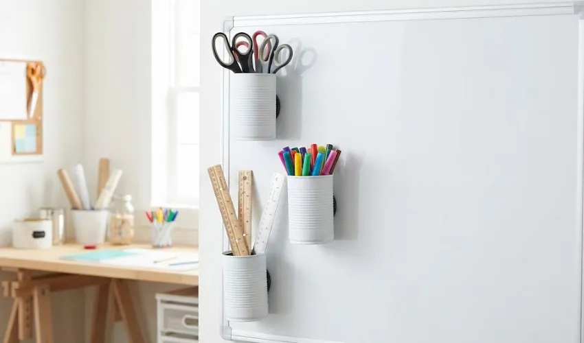 White painted tin cans magnetically attached to a whiteboard, organizing classroom supplies like scissors, rulers, and markers.