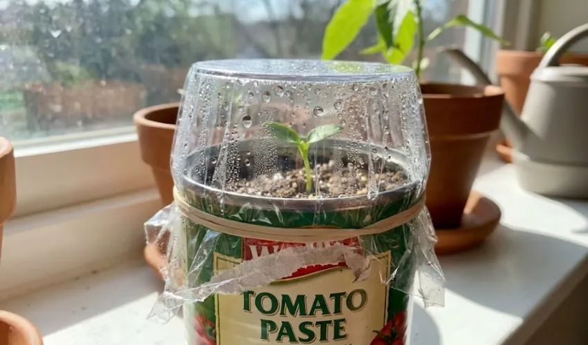 A DIY mini greenhouse made from a recycled tomato paste tin can and a clear plastic cup secured with a rubber band, sheltering a small seedling on a sunny windowsill.