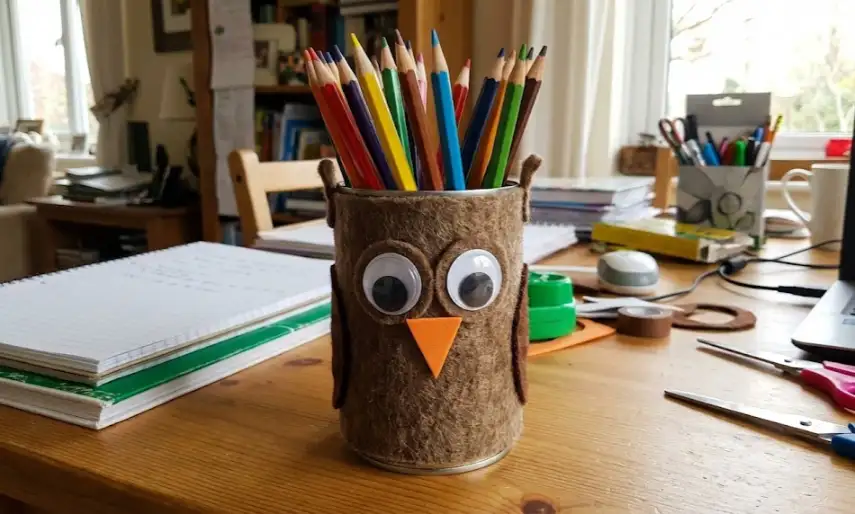 An upcycled tin can wrapped in brown textured felt to resemble an owl, featuring large googly eyes and an orange beak, filled with colored pencils on a cluttered study desk.