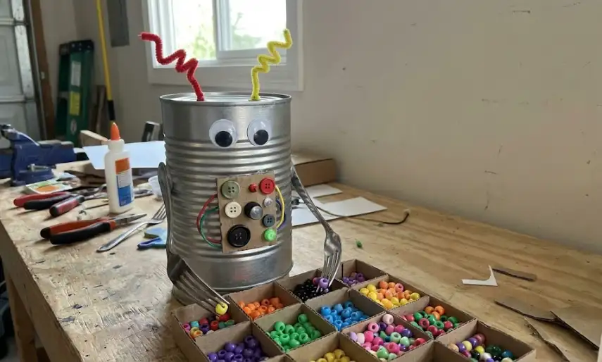A large silver tin can transformed into a robot character with bent fork arms, googly eyes, and a button-circuit chest plate, shown sorting colorful beads into a cardboard grid box on a workbench.
