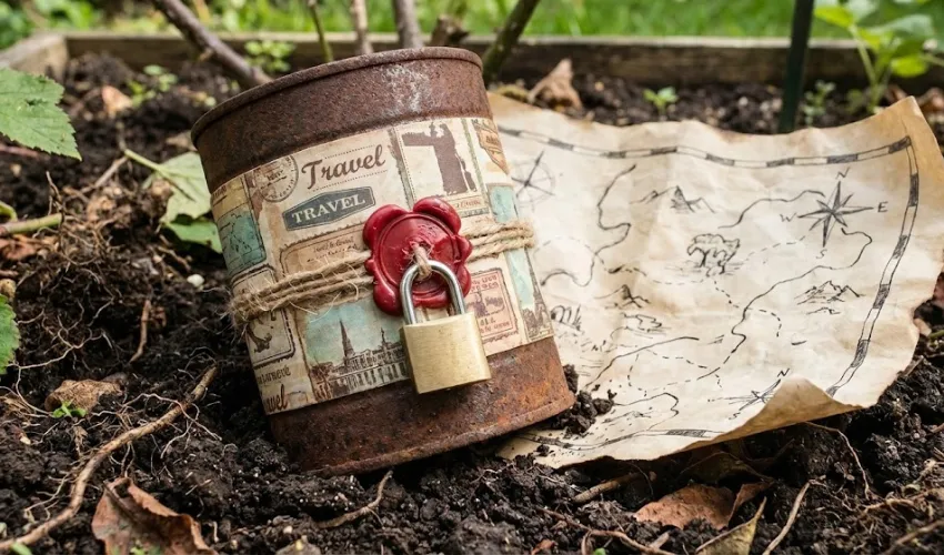 A DIY time capsule made from a tin can decorated with vintage travel paper, a wax seal, and a small padlock, sitting in the soil next to a treasure map.