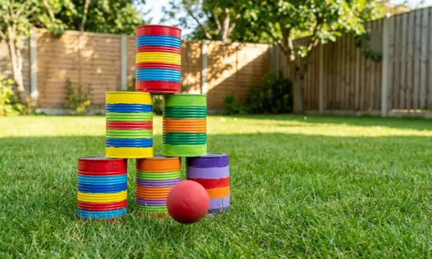 A bright red ball rolling across green grass toward a pyramid of six colorful tin cans painted with horizontal rainbow stripes, set up for a bowling game in a sunny backyard.