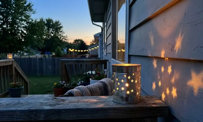 A silver tin can lantern with punched star cutouts glowing warmly on a wooden deck railing, projecting distinct star-shaped light patterns onto the blue siding of a house at twilight.