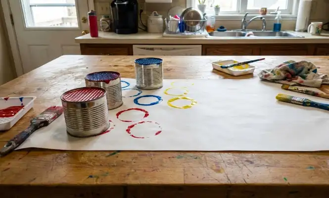 A wooden table set up for a preschool art activity with tin cans used as circle stamps, showing red, blue, and yellow paint prints on white paper.