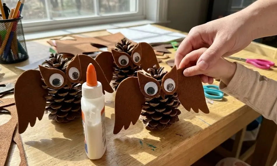 A finished pine cone owl craft featuring orange felt wings and pink pipe cleaner feet, sitting on a wooden table next to a specific kid-safe low-temperature glue gun.