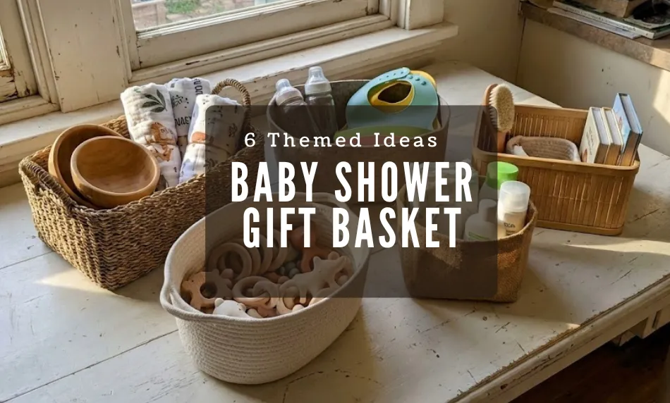 Assorted baby shower gift baskets arranged on a rustic white table near a window, featuring woven grass, cotton rope, and bamboo containers filled with natural baby items like wooden bowls, muslin swaddles, glass bottles, and wooden teething toys. The image includes a text overlay reading "6 Themed Ideas BABY SHOWER GIFT BASKET"