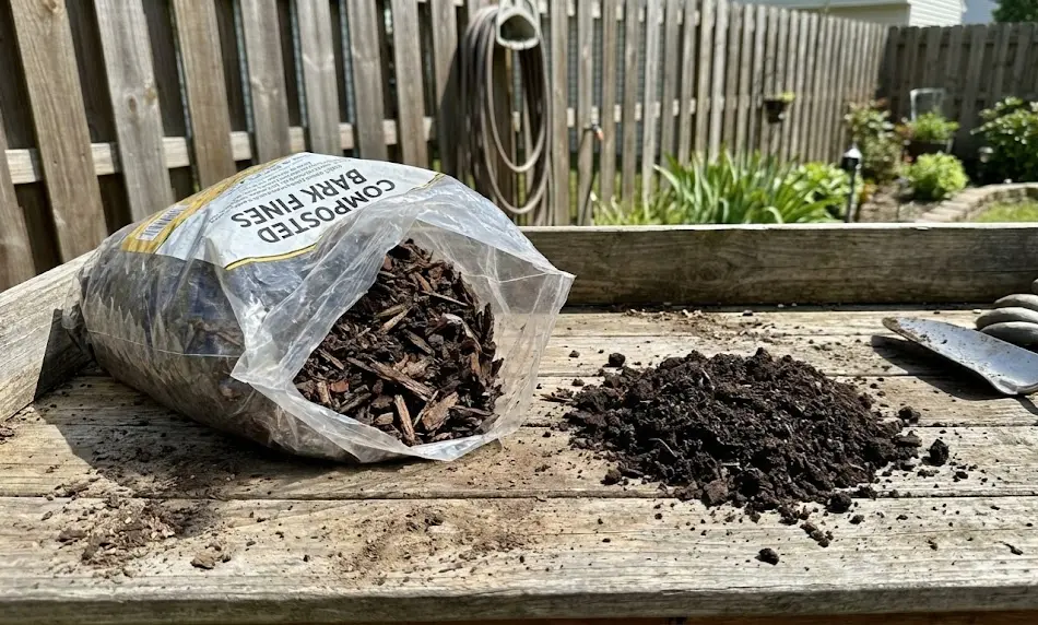 A bag labeled "Composted Bark Fines" spilled open on a wooden potting bench, creating a pile of dark, chunky organic material next to a garden trowel.